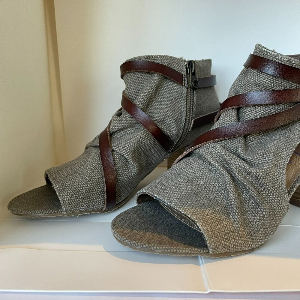 Blowfish Fella Canvas Open Toe Stacked Heel Bootie 6